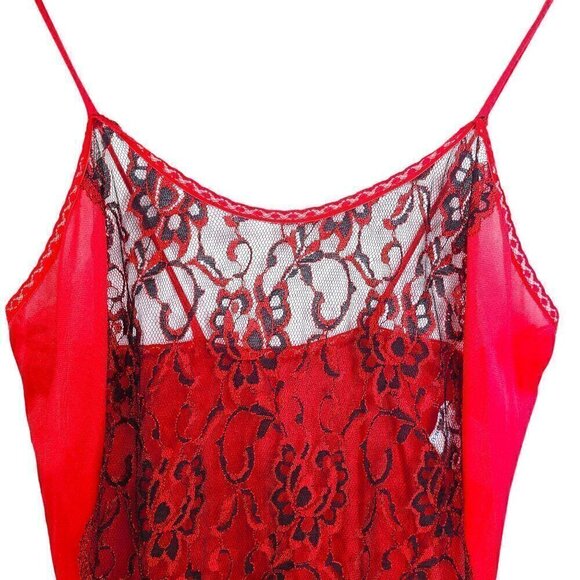 Vintage 1960 BOLD Red & Black Lace Floral Liquid Satin Nylon Maxi long Lingerie - Picture 3 of 10